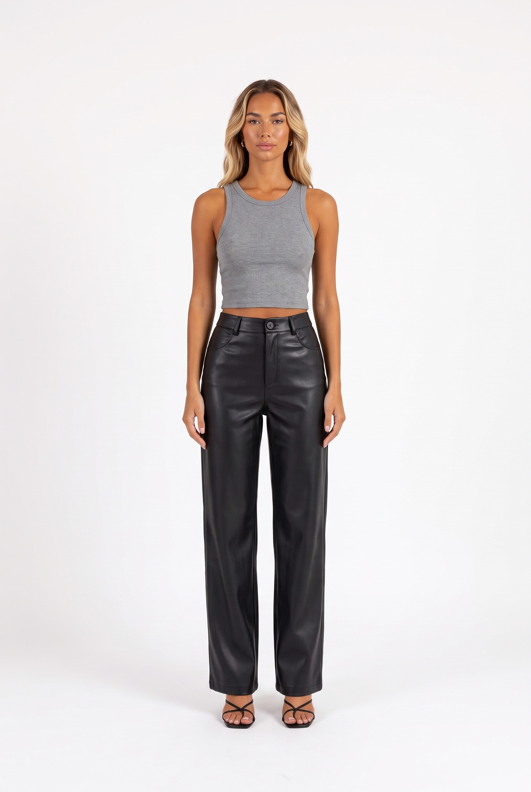 Black faux-leather high-waist straight-leg trousers — front