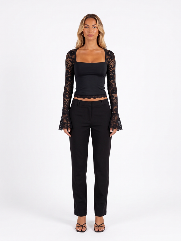 Lace-Trim Square-Neck Flare-Sleeve Top
