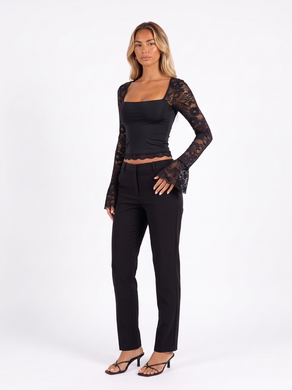 Lace-Trim Square-Neck Flare-Sleeve Top