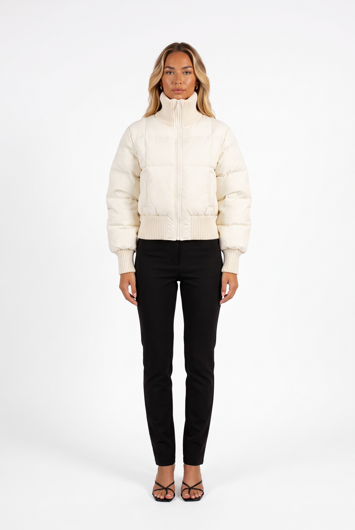 Ivory cropped puffer jacket with ribbed funnel collar — front